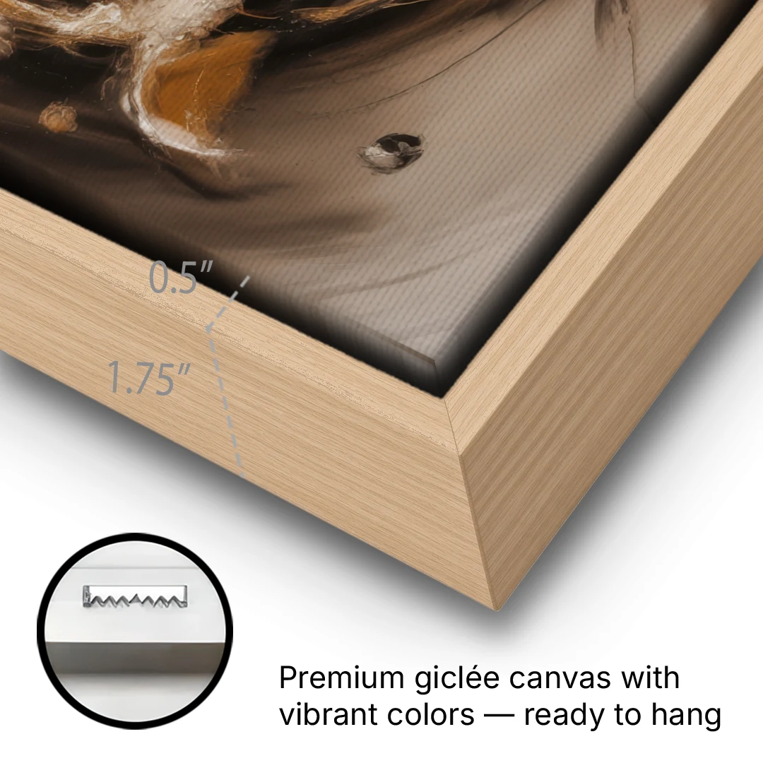 Opulent Swirls Brown Abstract - Oak Framed Canvas Wall Art - Gallery Wrap Corner
