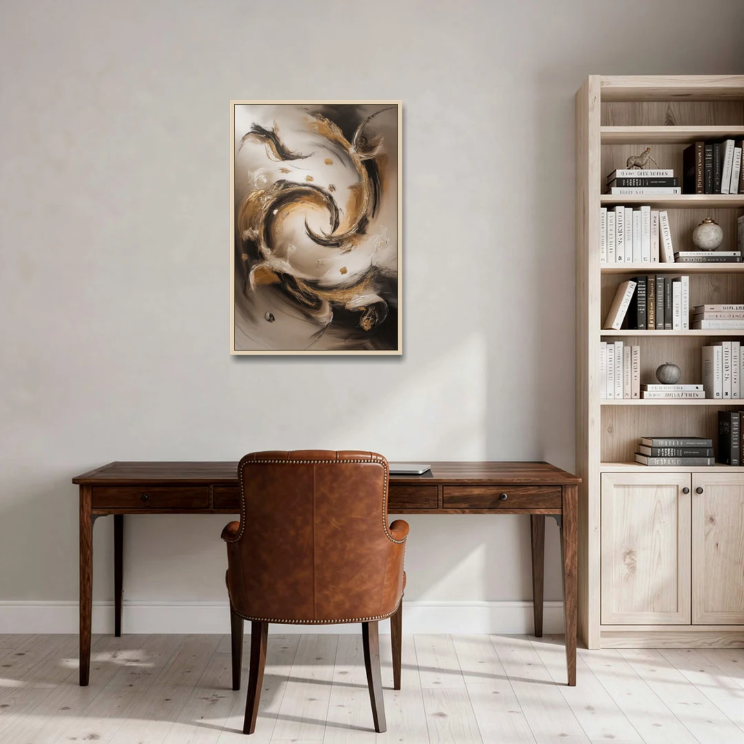 Opulent Swirls Brown Abstract - Oak Framed Canvas Wall Art - Office - 24x36