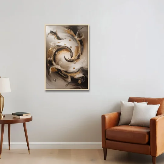 Opulent Swirls Brown Abstract - Oak Framed Canvas Wall Art - Sofa - 24x36