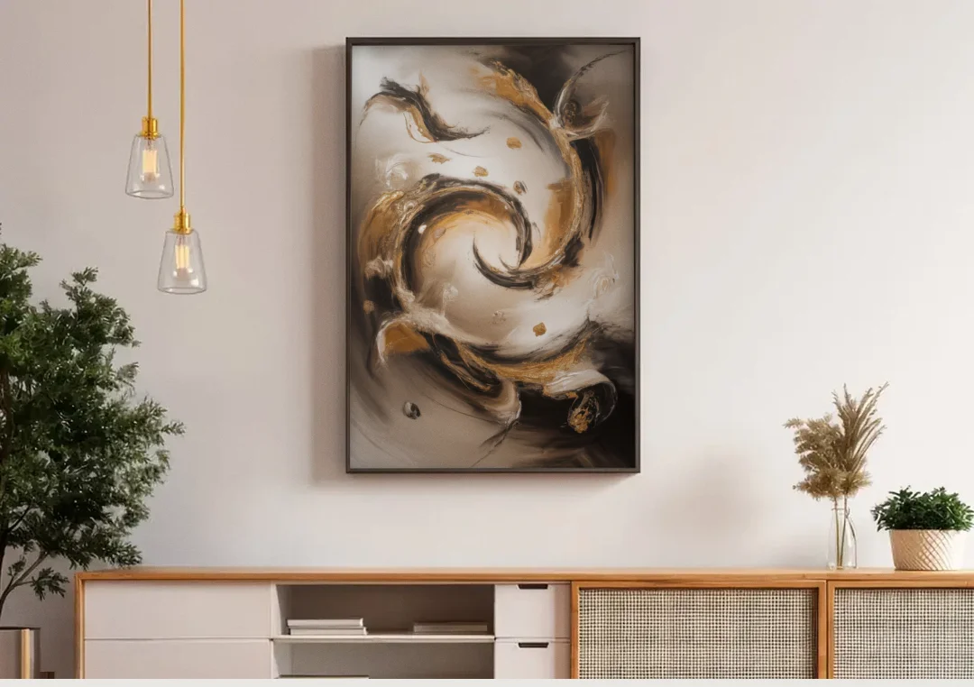 Opulent Swirls Brown Abstract canvas wall art above a wooden sideboard under pendant lights
