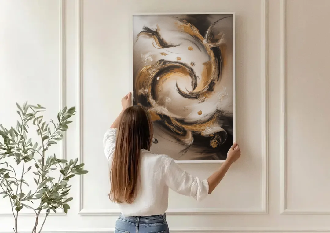 Opulent Swirls Brown Abstract canvas wall art being hung on a paneled wall