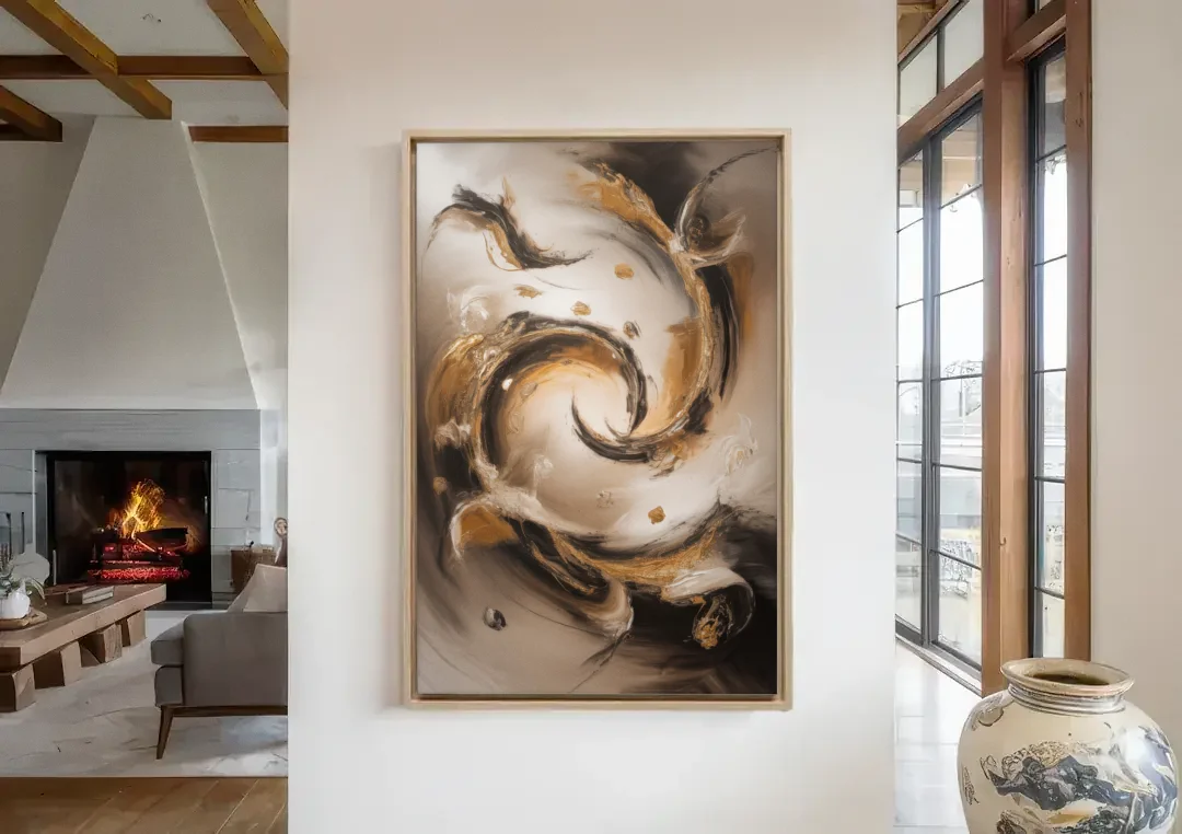 Opulent Swirls Brown Abstract canvas wall art in a living room with a fireplace