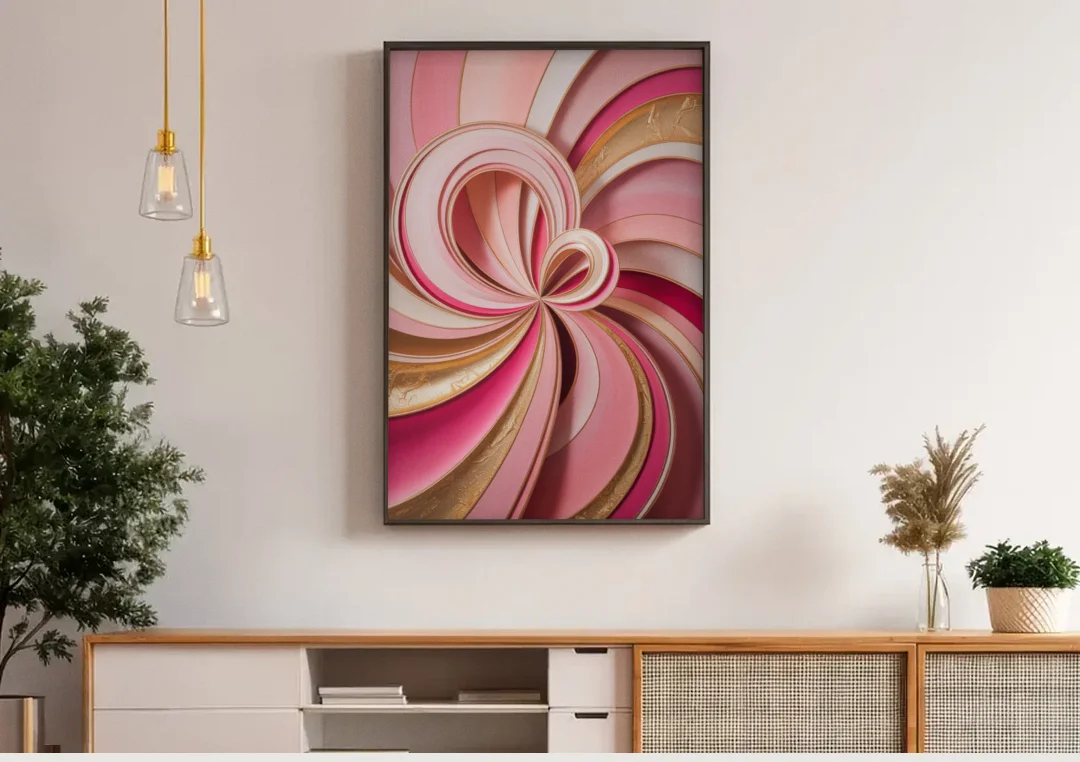Opulent Swirls Pink and Gold Abstract canvas wall art above a wooden sideboard under pendant lights