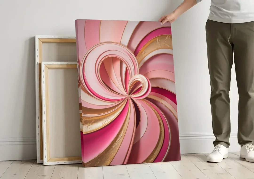 Opulent Swirls Pink and Gold Abstract canvas wall art leaning against a wall next to blank canvases