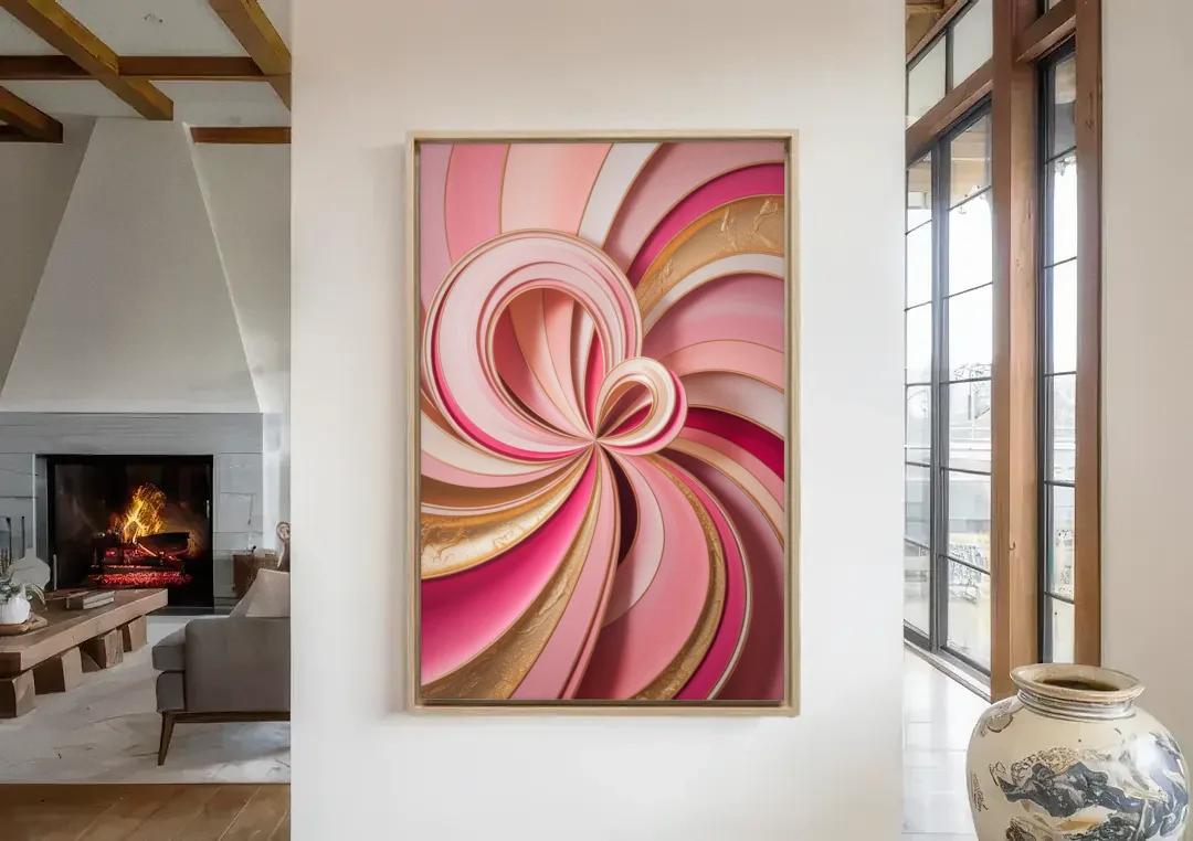 Opulent Swirls Pink and Gold Abstract canvas wall art in a living room with a fireplace