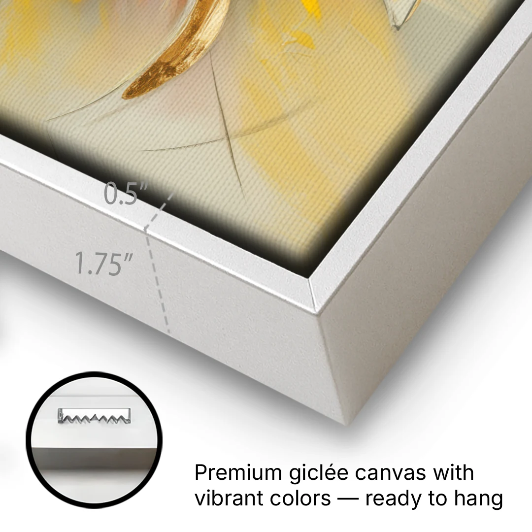 Opulent Vortex Yellow Abstract - White Framed Canvas Wall Art - Gallery Wrap Corner