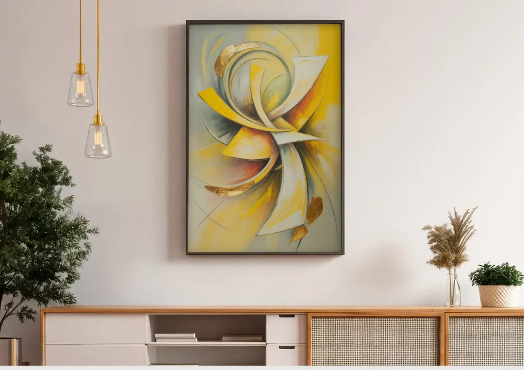 Opulent Vortex Yellow Abstract canvas wall art above a wooden sideboard under pendant lights