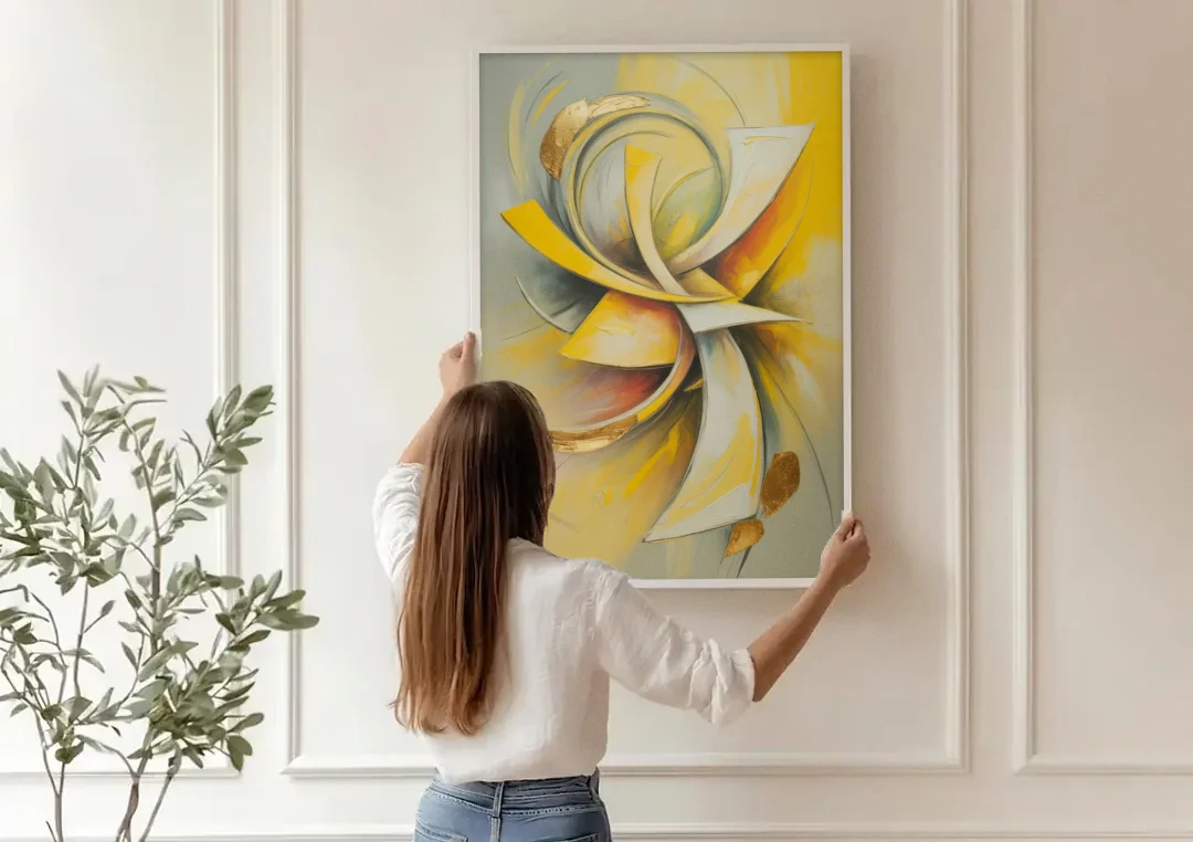 Opulent Vortex Yellow Abstract canvas wall art being hung on a paneled wall