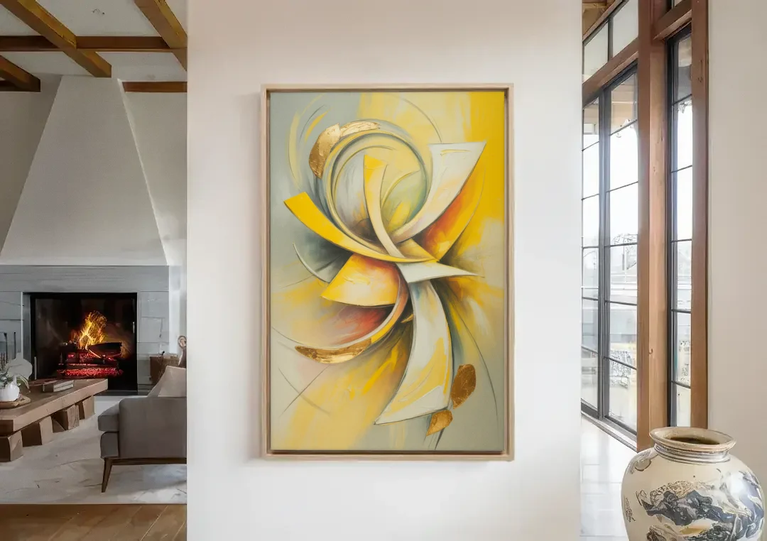 Opulent Vortex Yellow Abstract canvas wall art in a living room with a fireplace