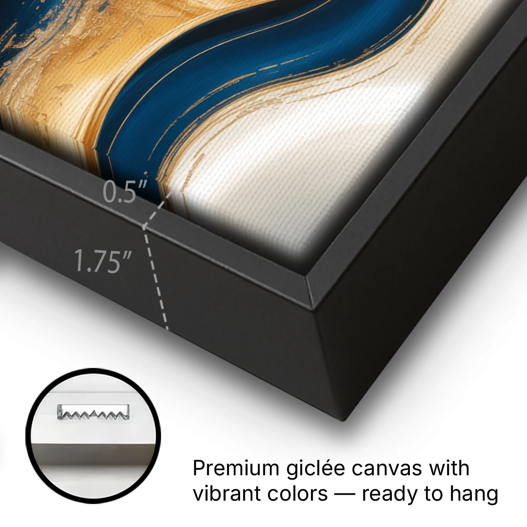 Opulent Waves in Blue and Gold Abstract - Black Framed Canvas Wall Art - Gallery Wrap Corner