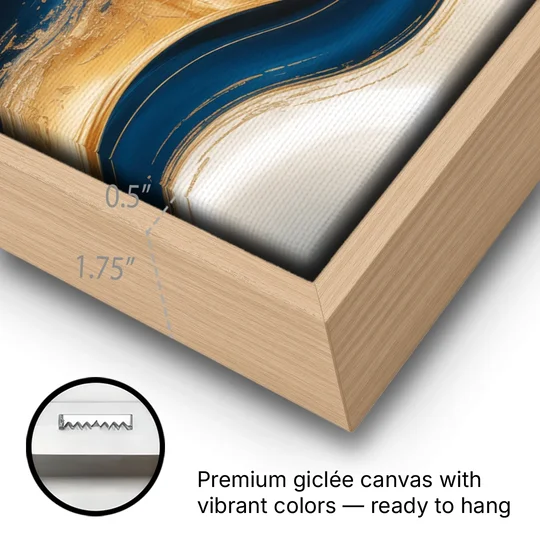 Opulent Waves in Blue and Gold Abstract - Oak Framed Canvas Wall Art - Gallery Wrap Corner