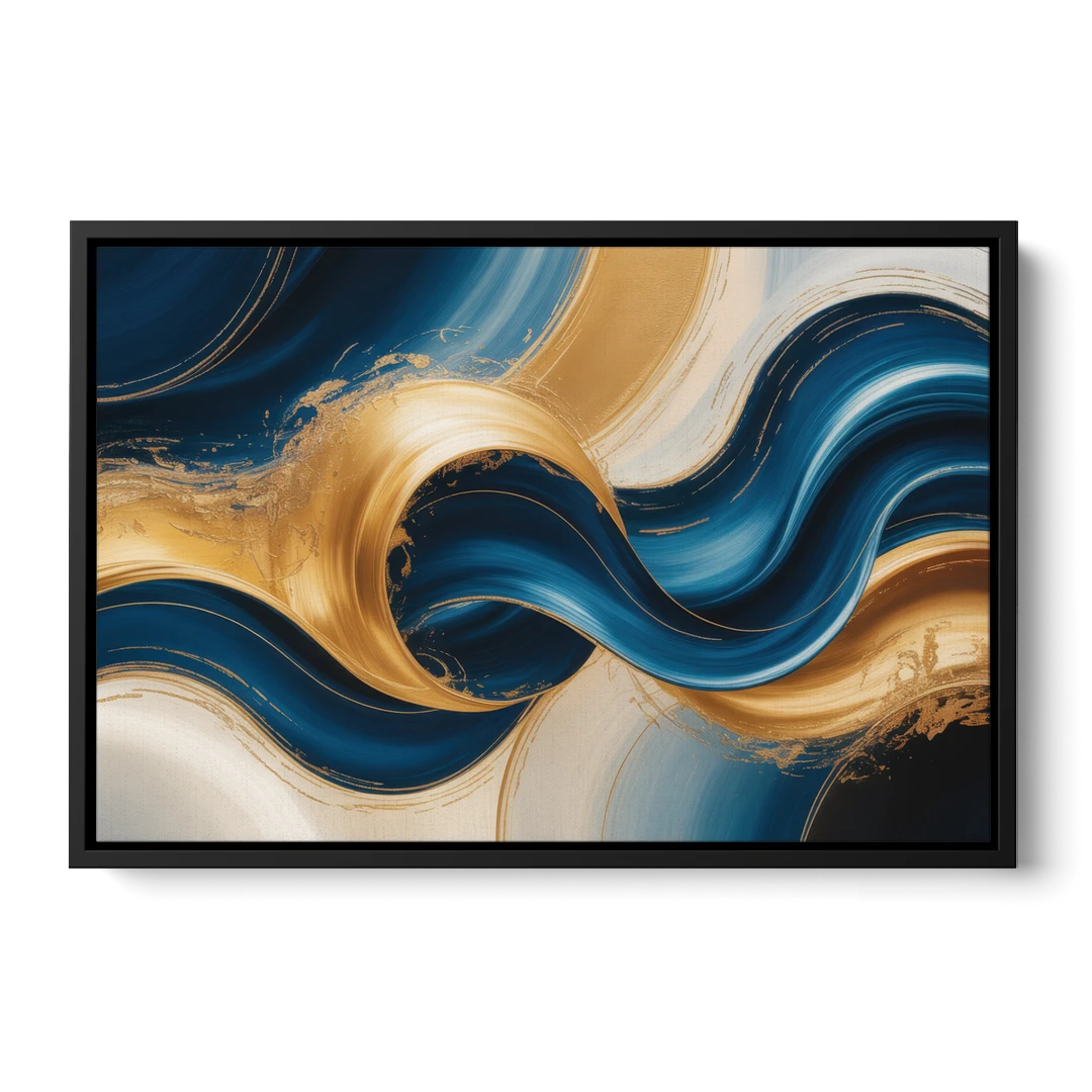 Opulent Waves in Blue and Gold Abstract - Black Framed Canvas Wall Art - Front