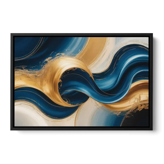 Opulent Waves in Blue and Gold Abstract - Black Framed Canvas Wall Art - Front