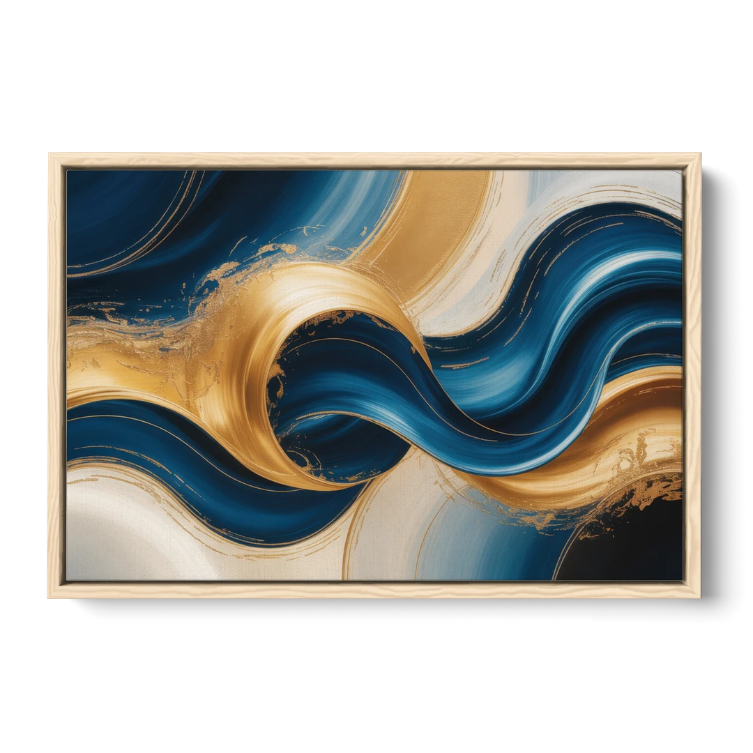 Opulent Waves in Blue and Gold Abstract - Oak Framed Canvas Wall Art - Front