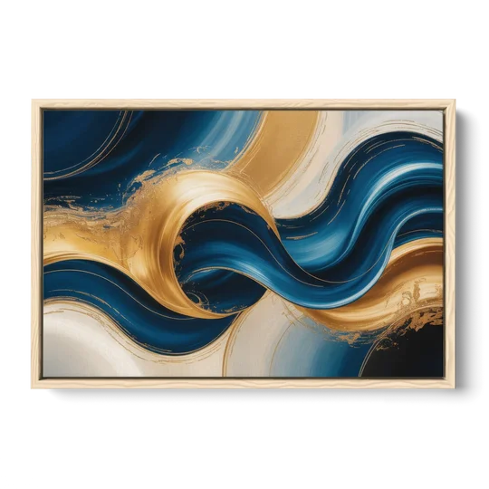 Opulent Waves in Blue and Gold Abstract - Oak Framed Canvas Wall Art - Front