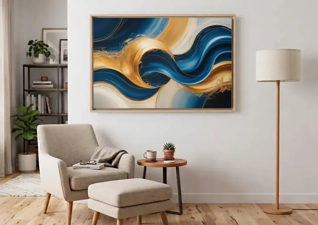 Opulent Waves in Blue and Gold Abstract canvas wall art above an armchair in a bright living room