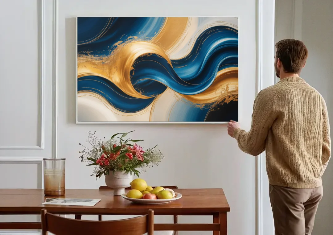 Opulent Waves in Blue and Gold Abstract canvas wall art above a dining table