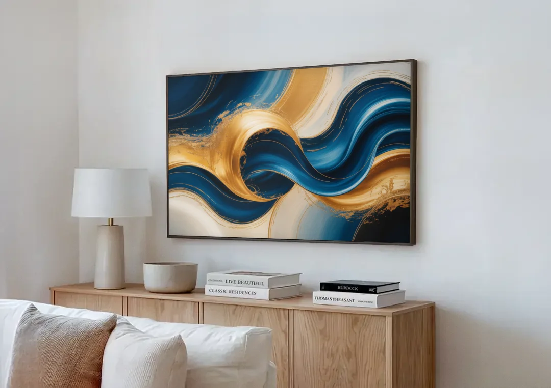 Opulent Waves in Blue and Gold Abstract canvas wall art above a wooden sideboard next to a sofa