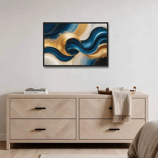 Opulent Waves in Blue and Gold Abstract - Black Framed Canvas Wall Art - Coffee Table - 36x24