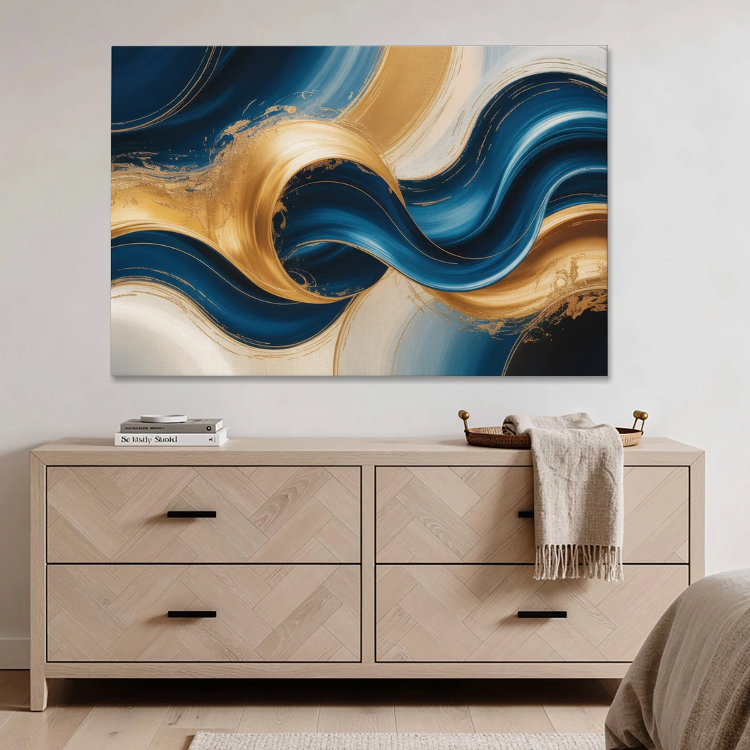 Opulent Waves in Blue and Gold Abstract - Canvas Wall Art - Coffee Table - 60x40
