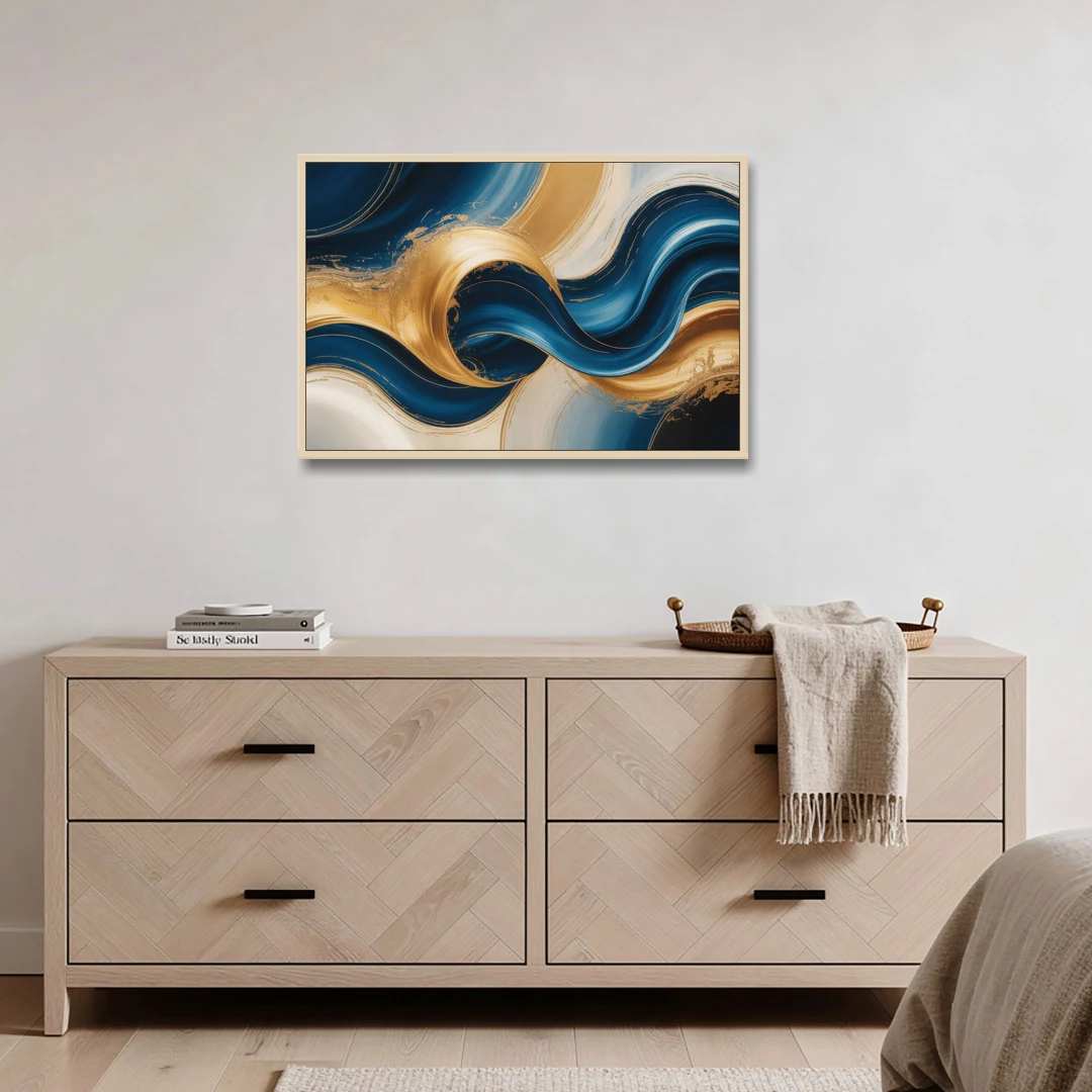 Opulent Waves in Blue and Gold Abstract - Oak Framed Canvas Wall Art - Coffee Table - 36x24