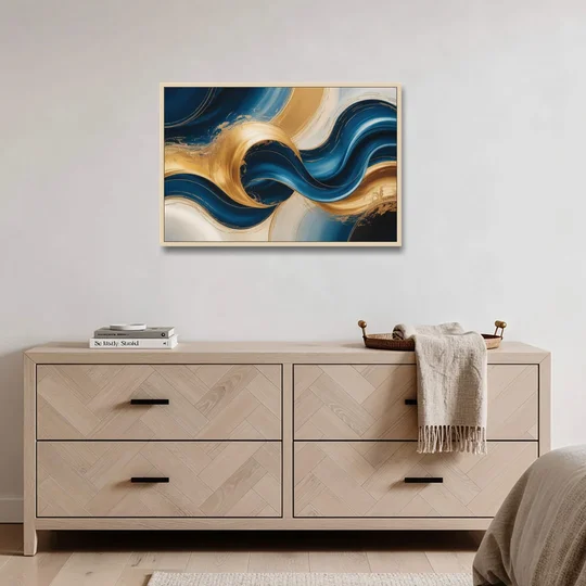 Opulent Waves in Blue and Gold Abstract - Oak Framed Canvas Wall Art - Coffee Table - 36x24