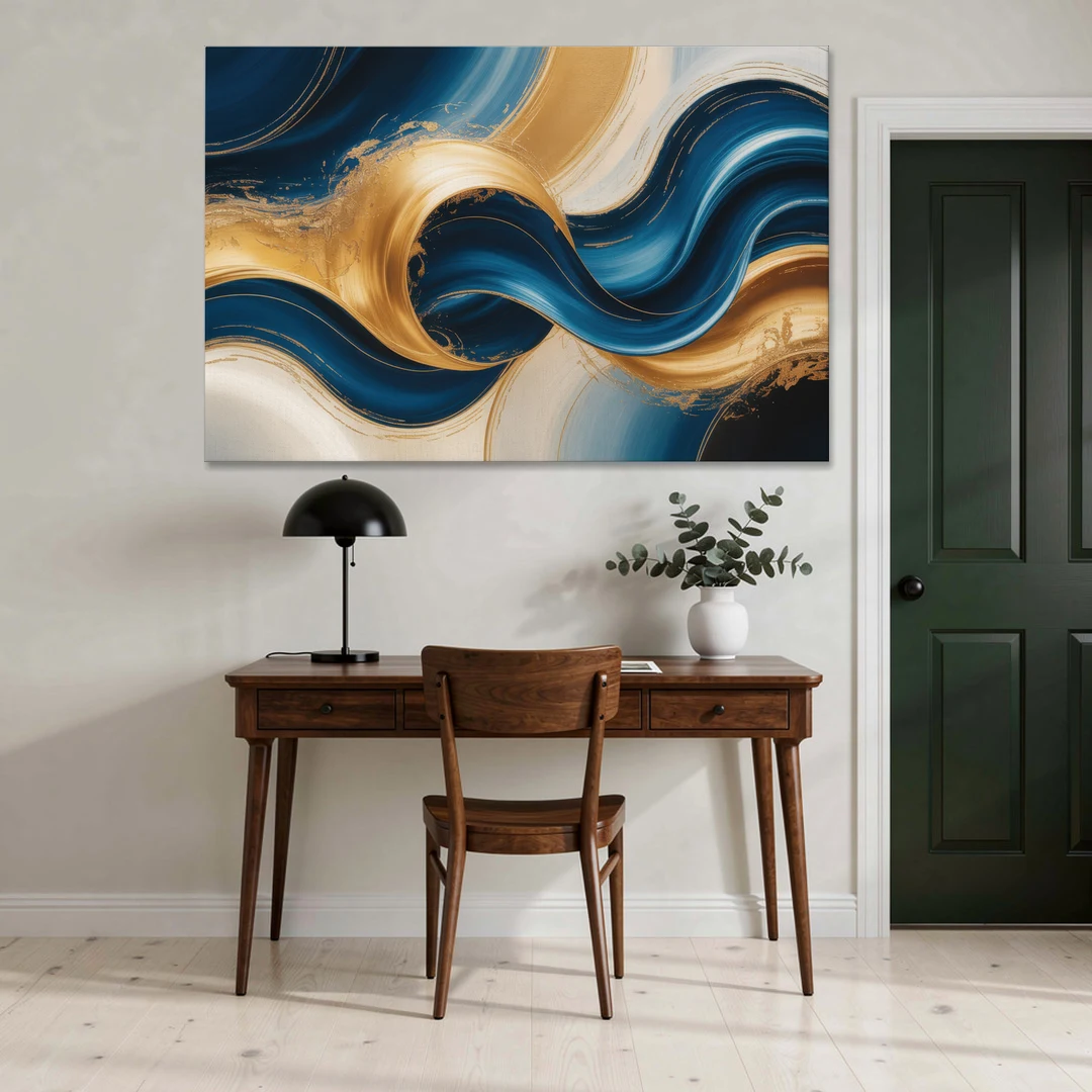Opulent Waves in Blue and Gold Abstract - Canvas Wall Art - Office - 60x40