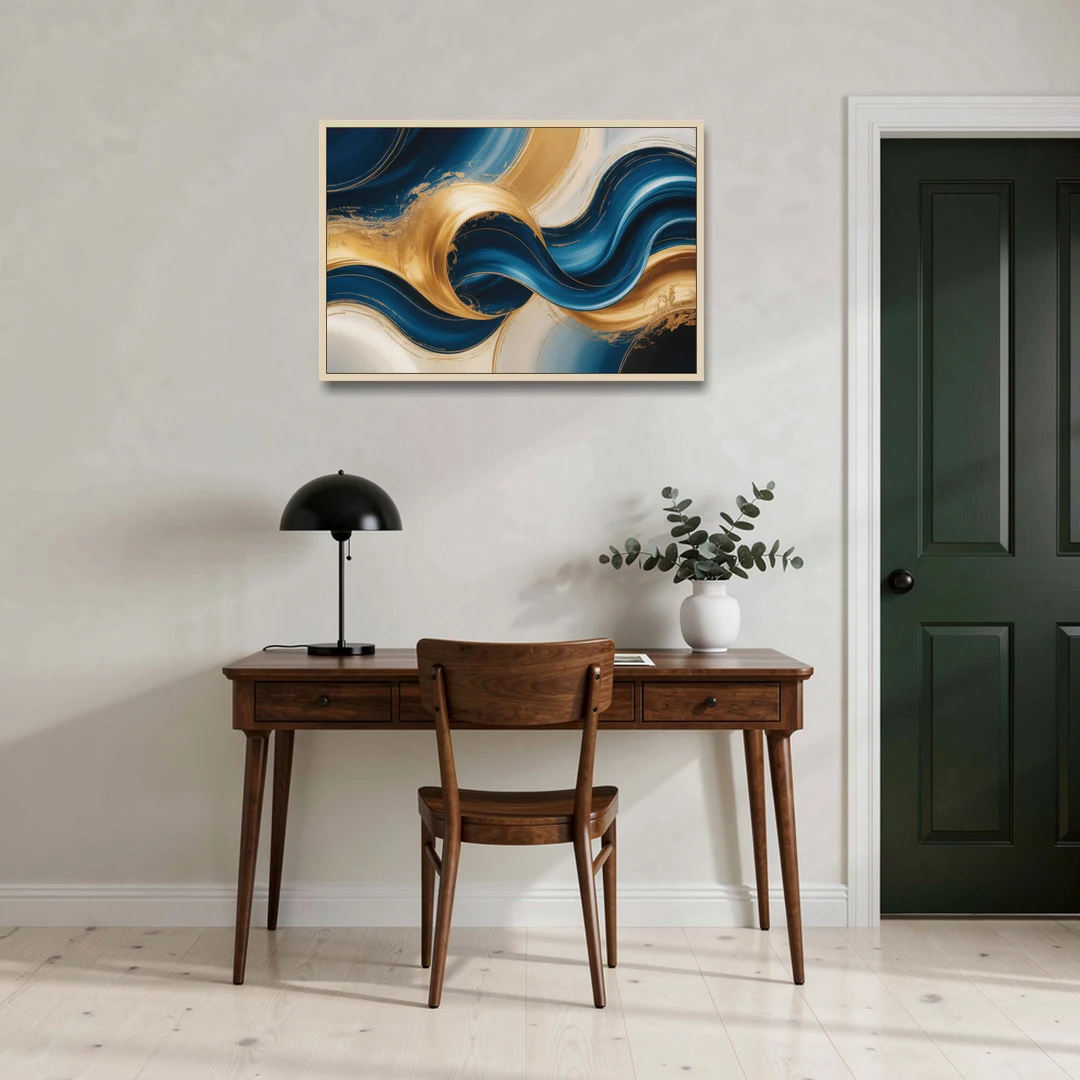 Opulent Waves in Blue and Gold Abstract - Oak Framed Canvas Wall Art - Office - 36x24