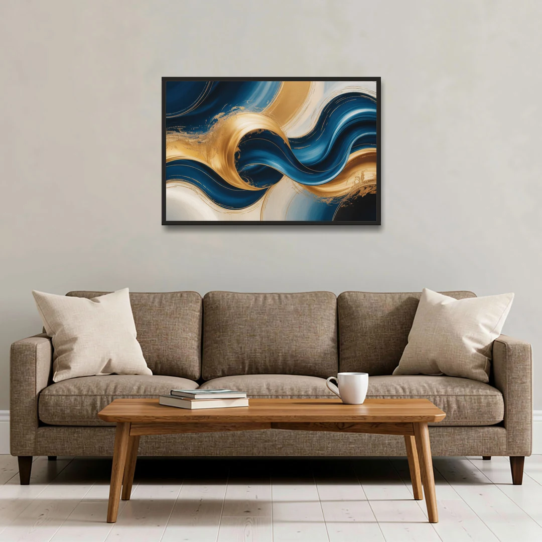 Opulent Waves in Blue and Gold Abstract - Black Framed Canvas Wall Art - Sofa - 36x24