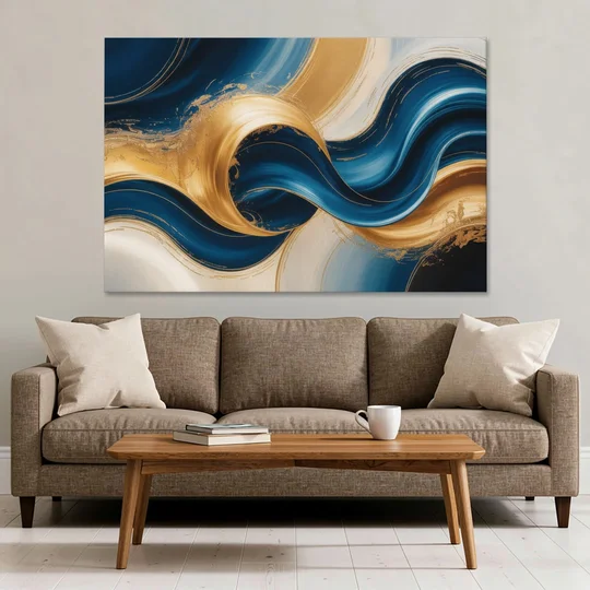 Opulent Waves in Blue and Gold Abstract - Canvas Wall Art - Sofa - 60x40