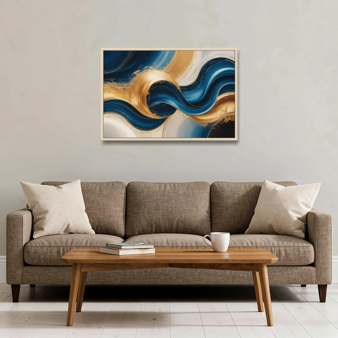 Opulent Waves in Blue and Gold Abstract - Oak Framed Canvas Wall Art - Sofa - 36x24