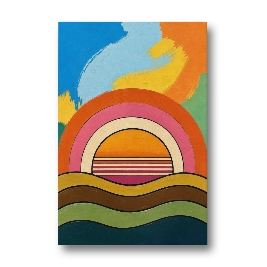 Orange and Pink Wall Art with a Rainbow Sun - Canvas Wall Art - Front