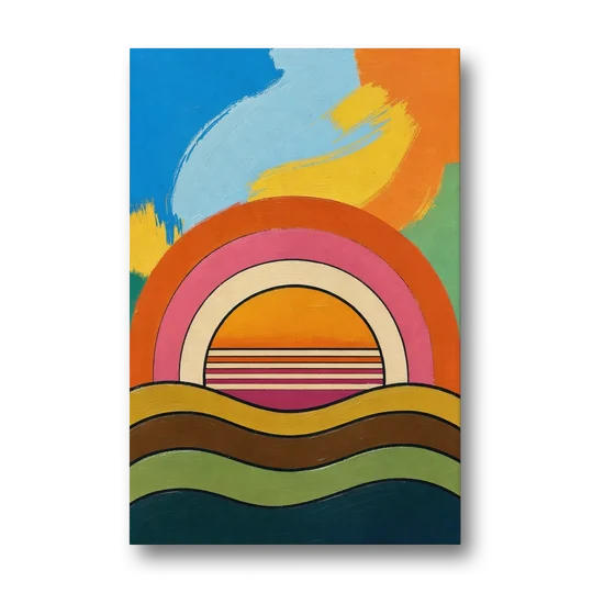 Orange and Pink Wall Art with a Rainbow Sun - Canvas Wall Art - Front