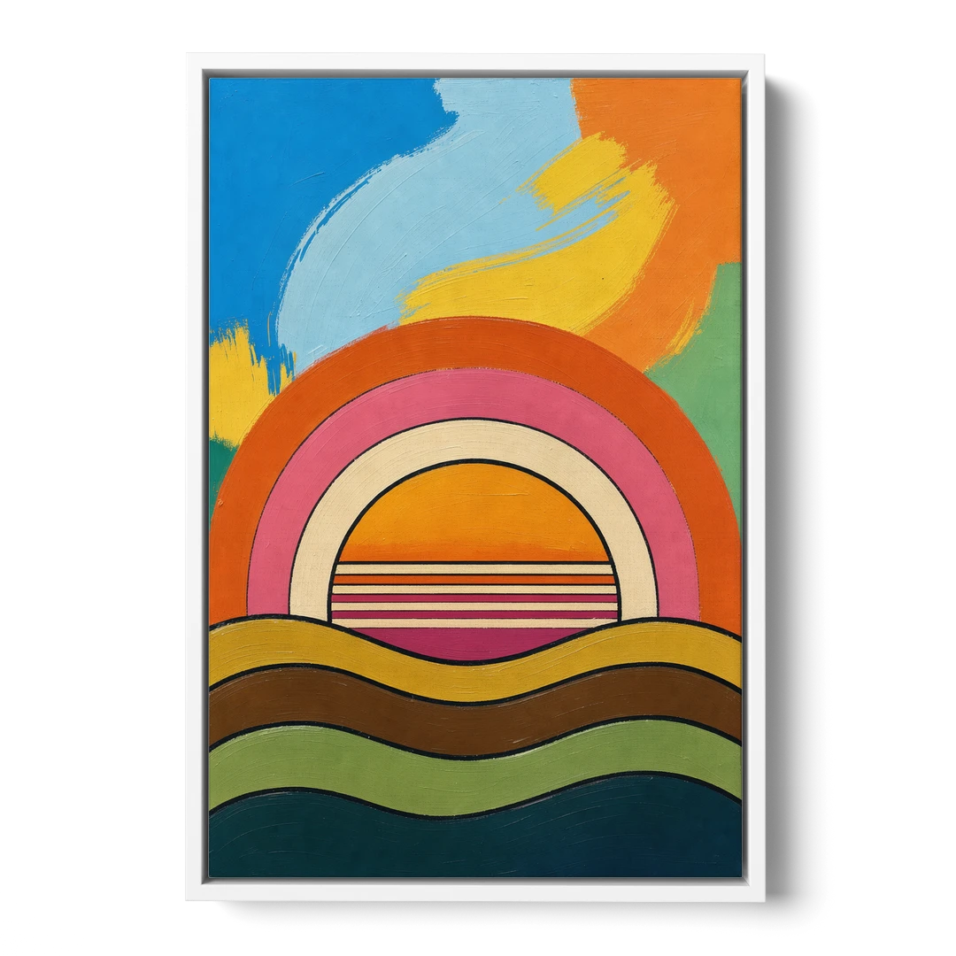 Orange and Pink Wall Art with a Rainbow Sun - White Framed Canvas Wall Art - Front