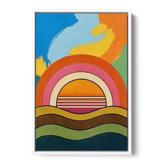 Orange and Pink Wall Art with a Rainbow Sun - White Framed Canvas Wall Art - Front