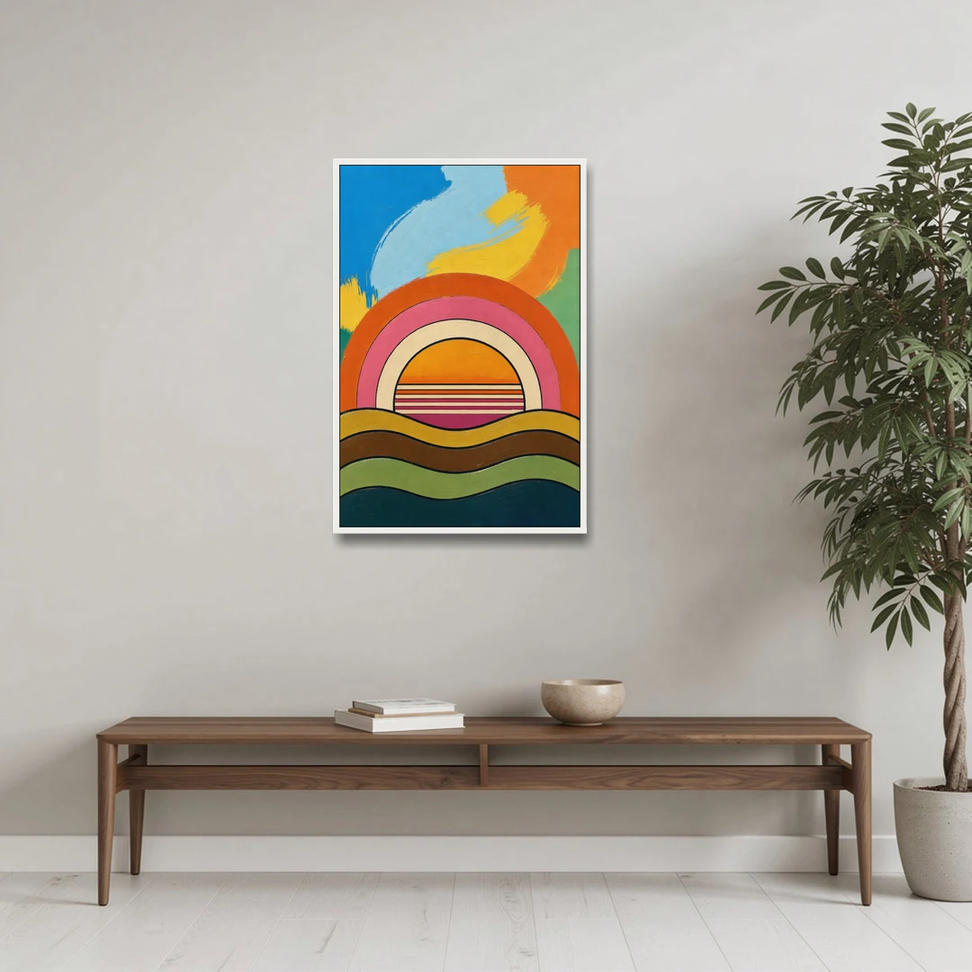 Orange and Pink Wall Art with a Rainbow Sun - White Framed Canvas Wall Art - Coffee Table - 24x36