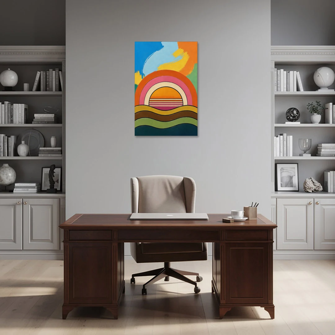 Orange and Pink Wall Art with a Rainbow Sun - Canvas Wall Art - Office - 24x36