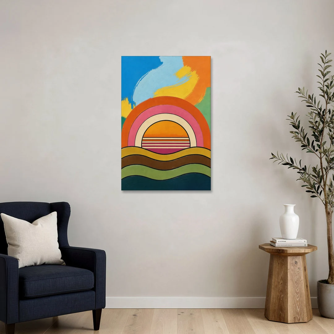 Orange and Pink Wall Art with a Rainbow Sun - Canvas Wall Art - Sofa - 24x36