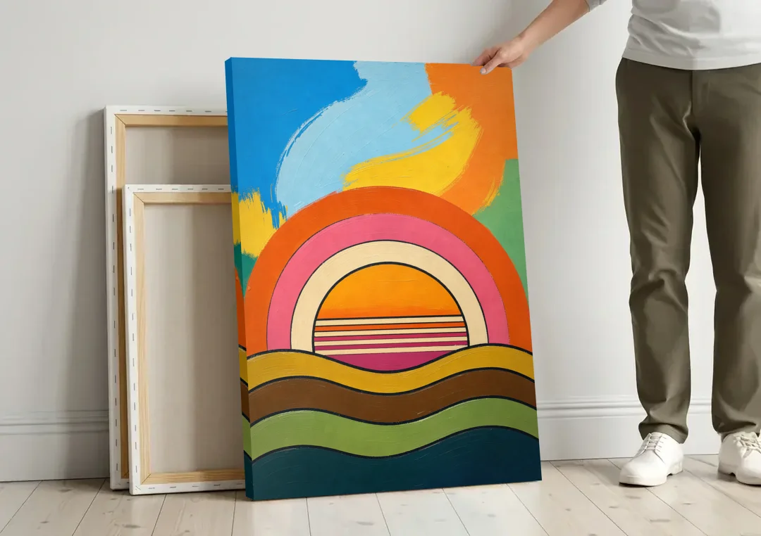 Orange and Pink Wall Art with a Rainbow Sun canvas wall art leaning against a wall next to blank canvases