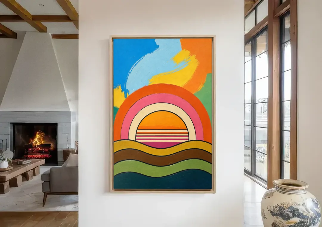 Orange and Pink Wall Art with a Rainbow Sun canvas wall art in a living room with a fireplace