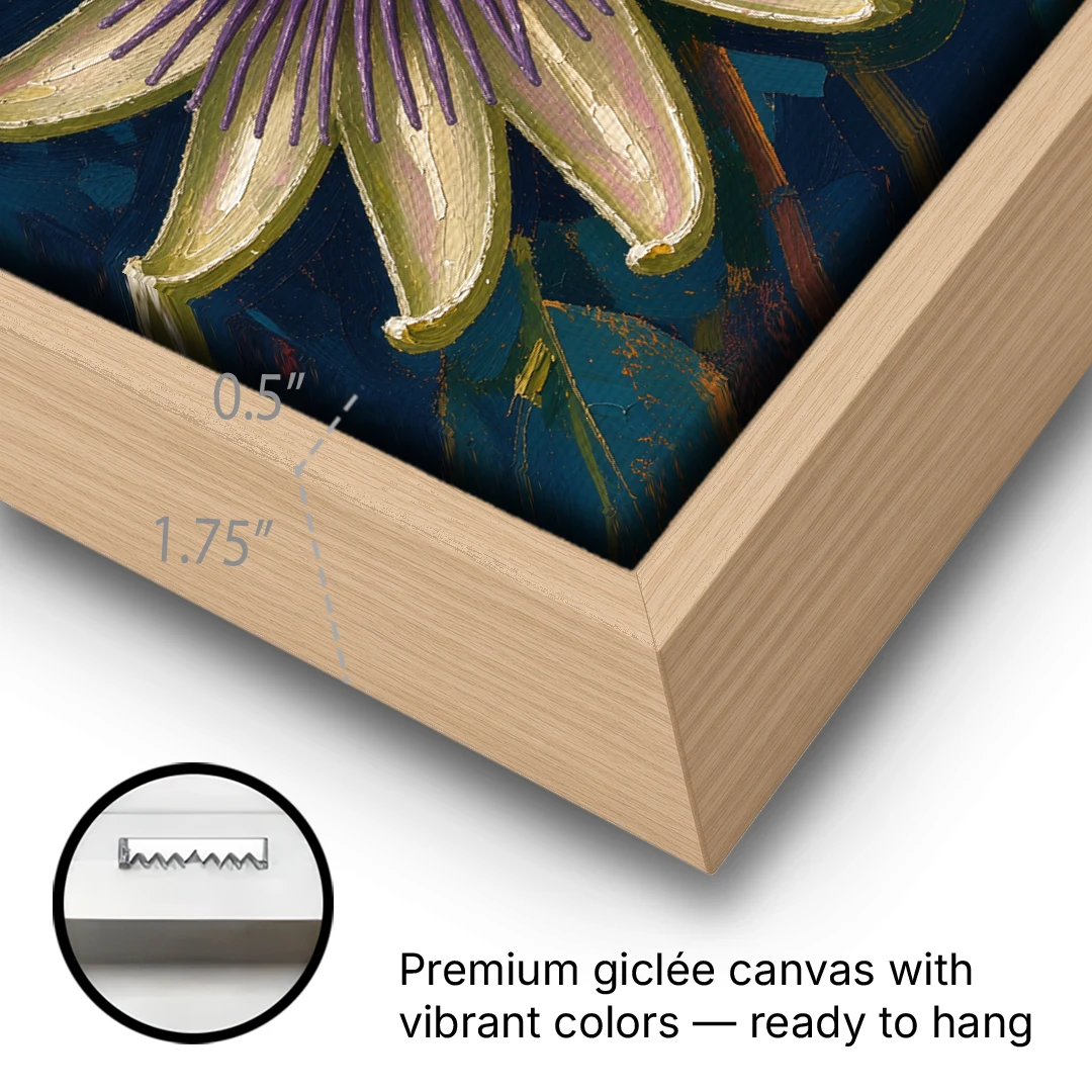 Orange Butterfly Wall Art with a Passionflower - Oak Framed Canvas Wall Art - Gallery Wrap Corner