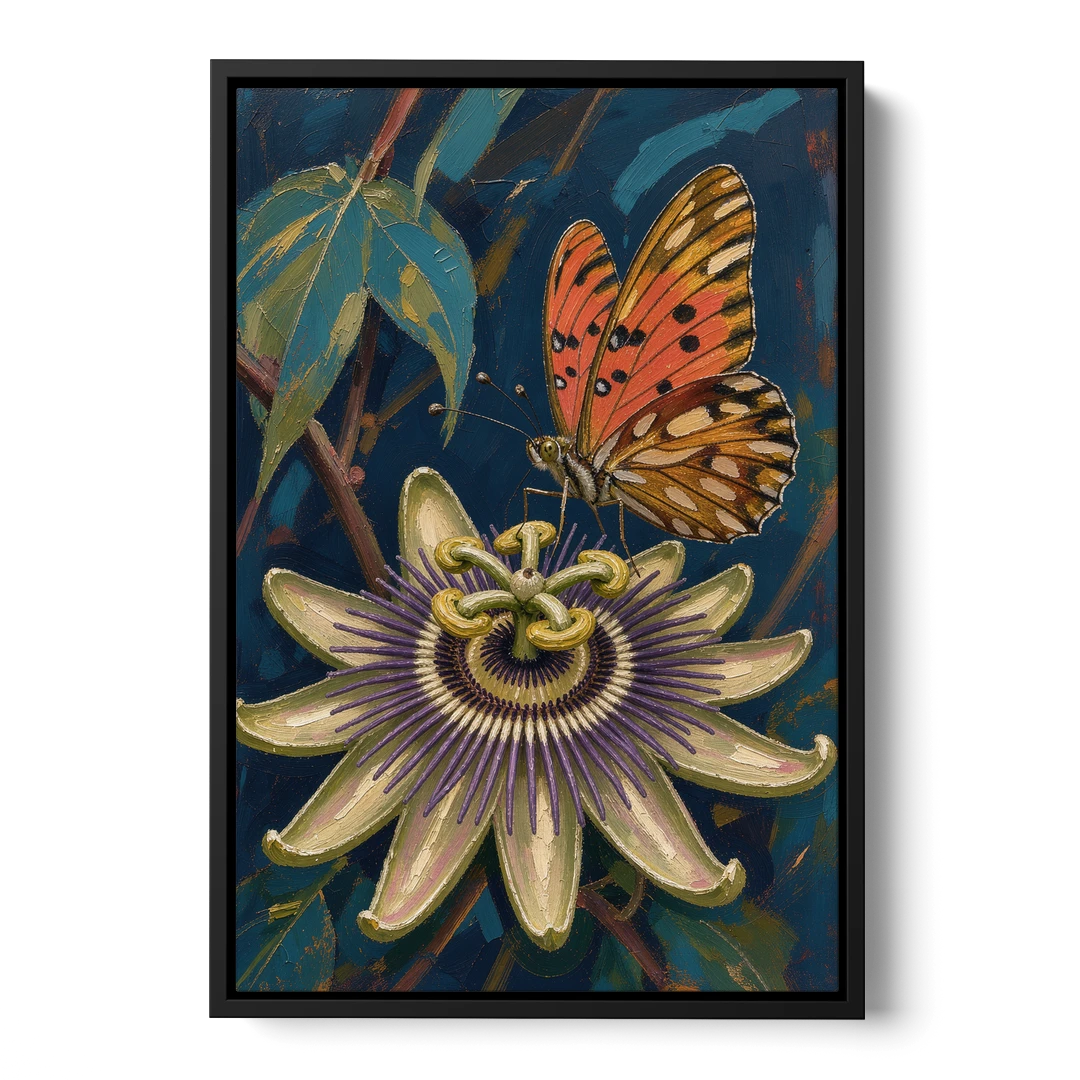 Orange Butterfly Wall Art with a Passionflower - Black Framed Canvas Wall Art - Front