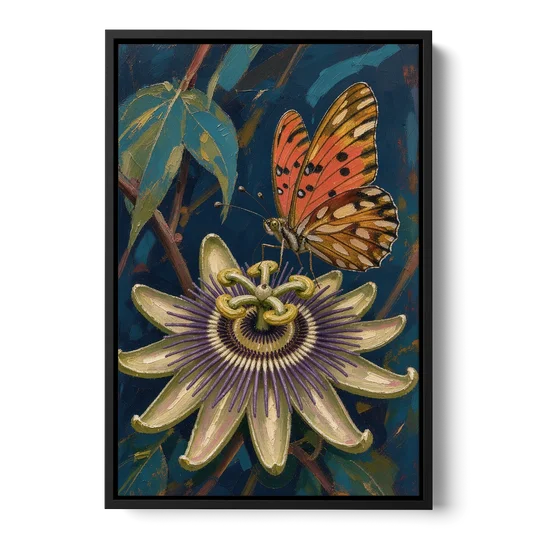 Orange Butterfly Wall Art with a Passionflower - Black Framed Canvas Wall Art - Front