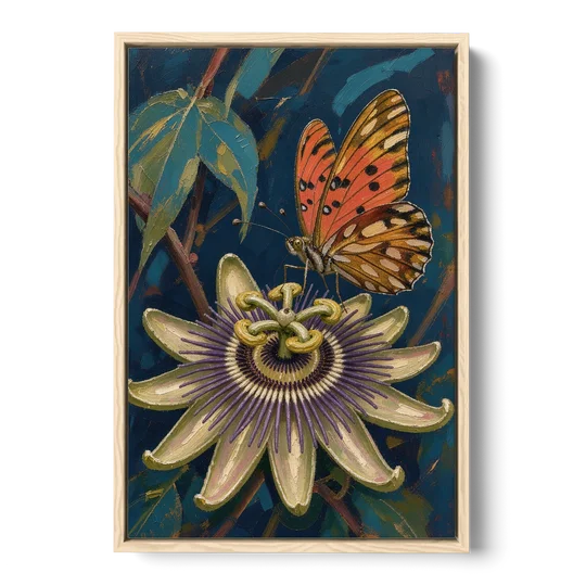 Orange Butterfly Wall Art with a Passionflower - Oak Framed Canvas Wall Art - Front
