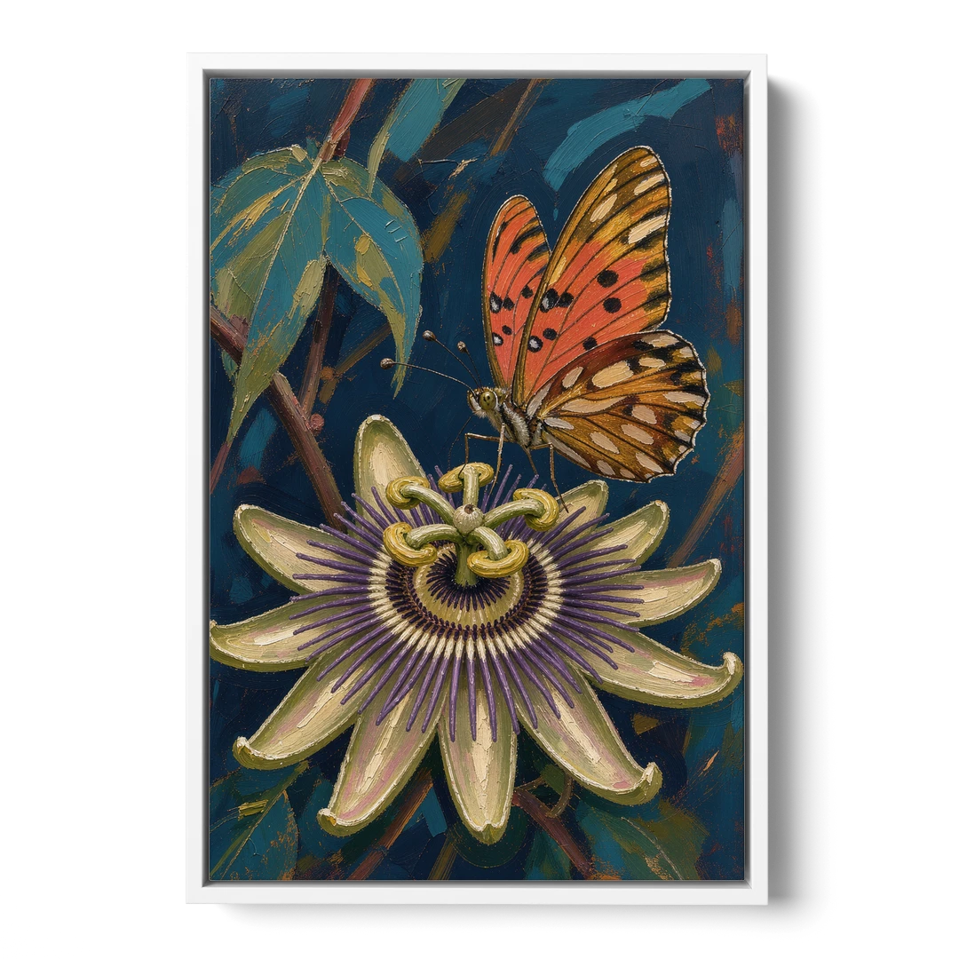 Orange Butterfly Wall Art with a Passionflower - White Framed Canvas Wall Art - Front