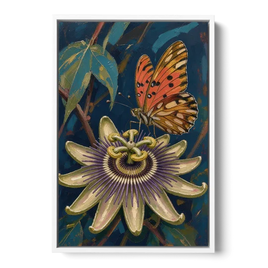 Orange Butterfly Wall Art with a Passionflower - White Framed Canvas Wall Art - Front