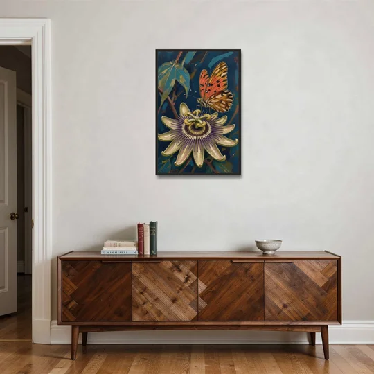 Orange Butterfly Wall Art with a Passionflower - Black Framed Canvas Wall Art - Coffee Table - 24x36
