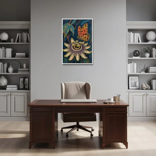 Orange Butterfly Wall Art with a Passionflower - White Framed Canvas Wall Art - Office - 24x36