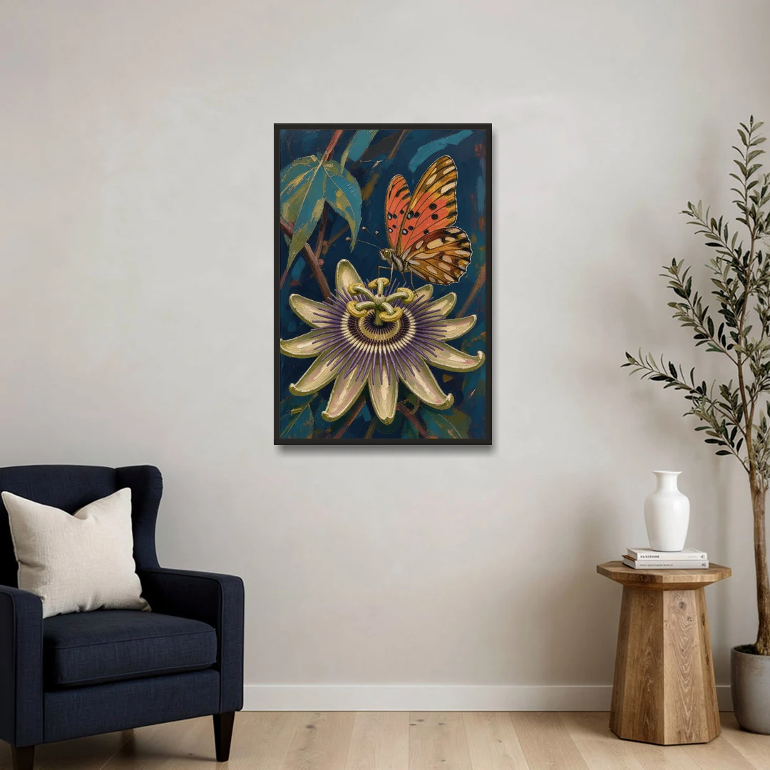 Orange Butterfly Wall Art with a Passionflower - Black Framed Canvas Wall Art - Sofa - 24x36