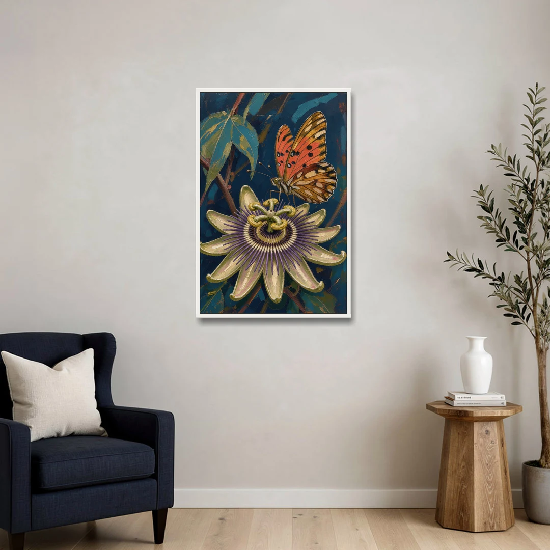 Orange Butterfly Wall Art with a Passionflower - White Framed Canvas Wall Art - Sofa - 24x36